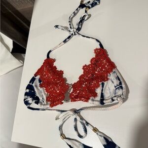 Blue Life 👙 Swim Blue + White Tie-Dye Bikini Top with Orange Red Lace